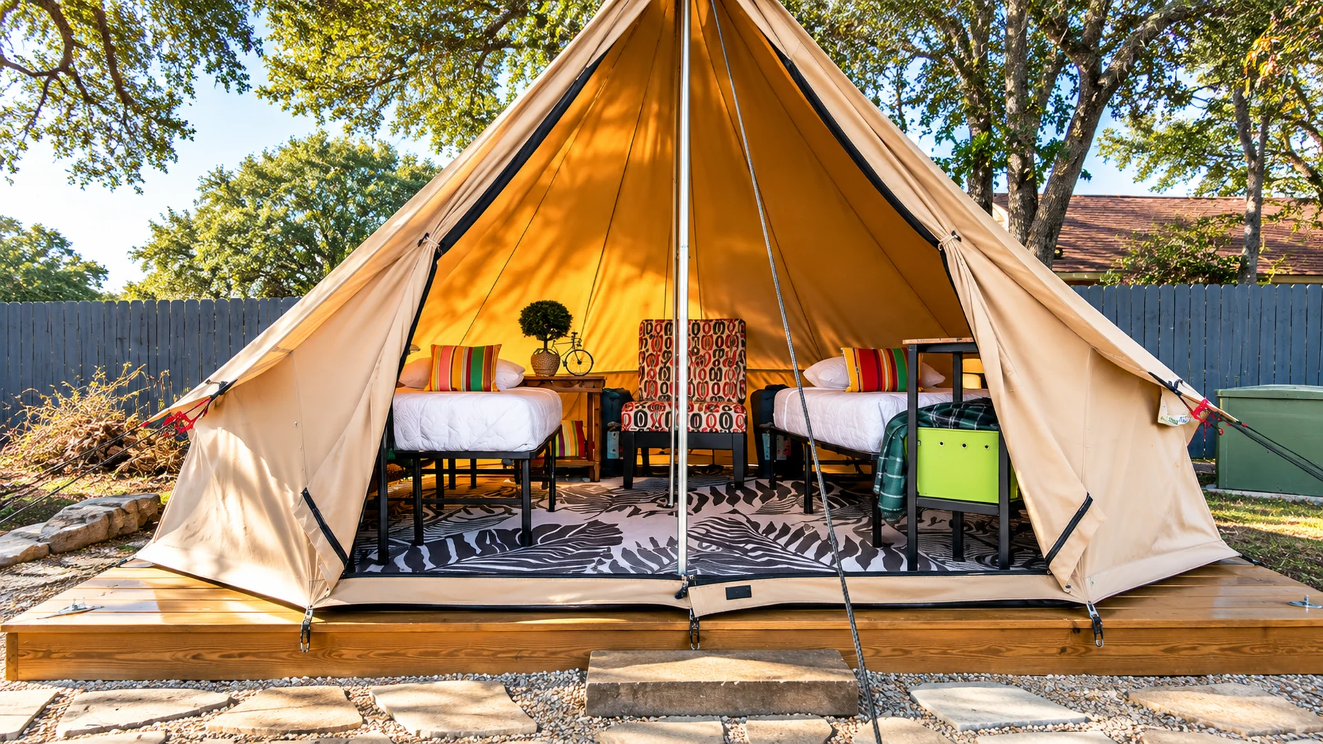 Private glamping tent with two real beds at Glampstead Retreat vacation home for families and groups in San Antonio