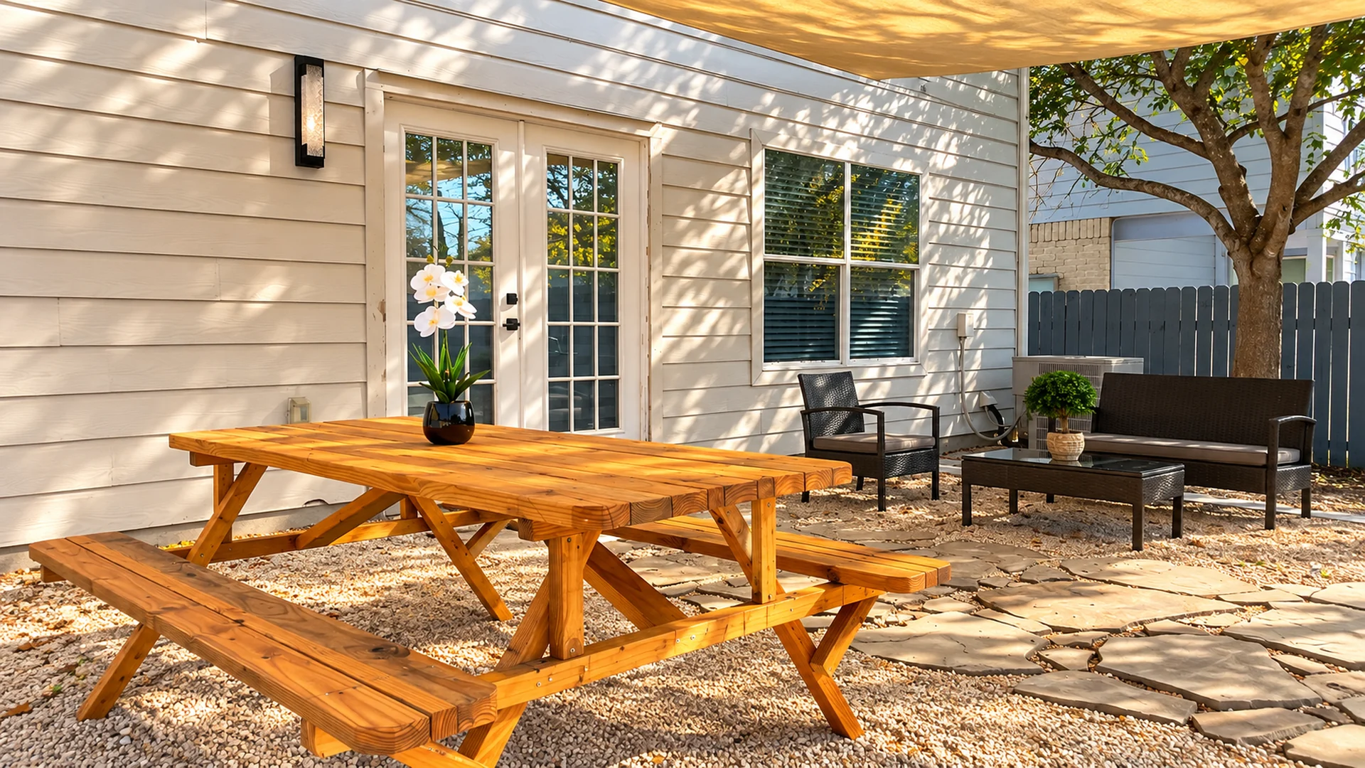 Covered backyard patio and outdoor gathering area at Glampstead Retreat